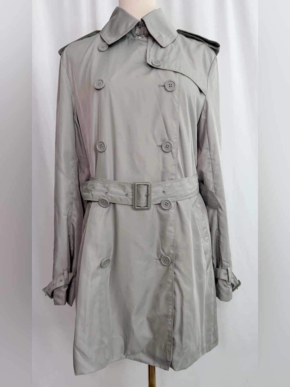 Norma Kamali Double-Breasted Belted Trench Coat M Lightweight Gray